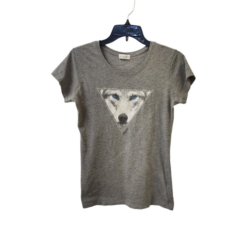 Guess Vintage Grey Blue Eyed Wolf Rhinestone Top Large